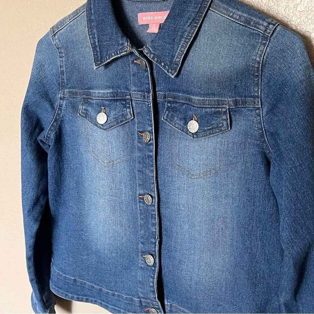 BCBG Girls Blue Denim Button Front Distressed Jacket Size Medium or 10-12